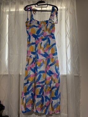 Blu Pepper Sleeveless Tie-Shoulder Maxi Dress in Blue, Pink & Yellow